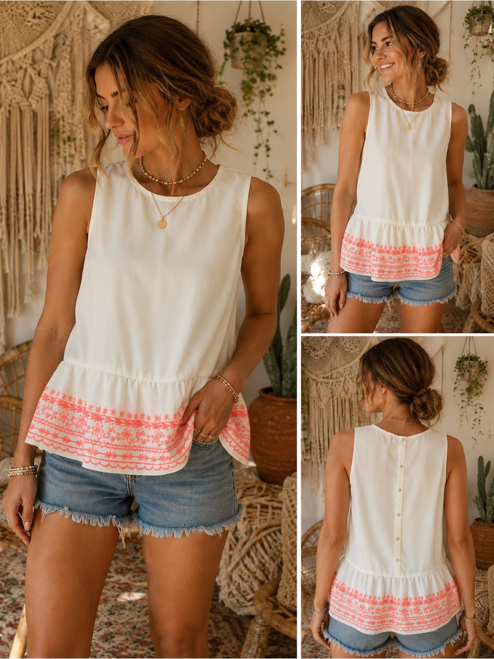 Xhilaration White Sleeveless Peplum Top Neon Pink Embroidered Hem XS